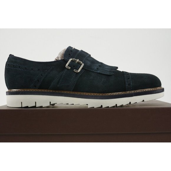 New Thompson Mens US 9 Blue Suede Kilted Almond Cap Toe Single Monk Strap Loafer - Picture 4 of 10